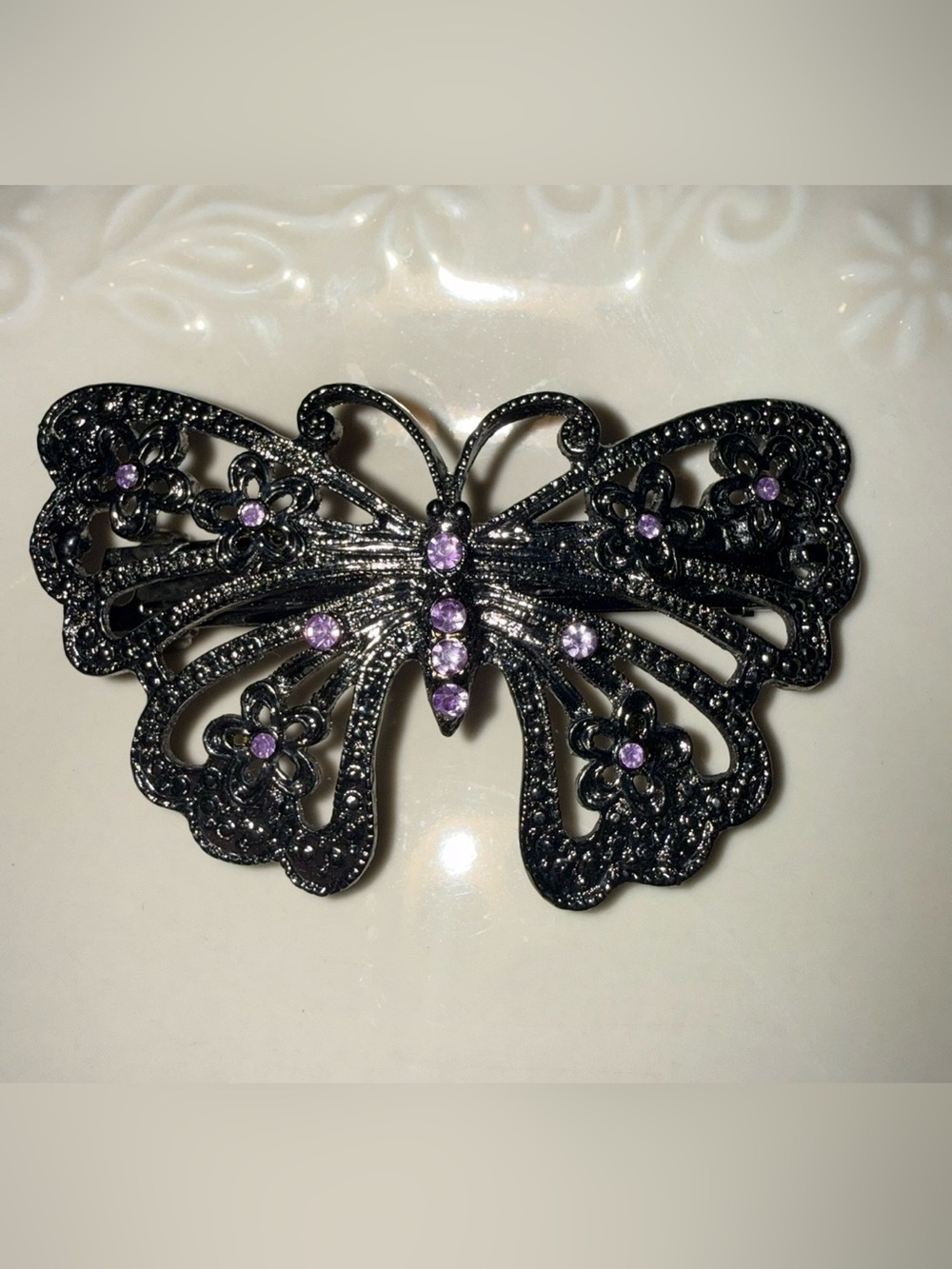 Black Butterfly Brooch with Purple Accents
